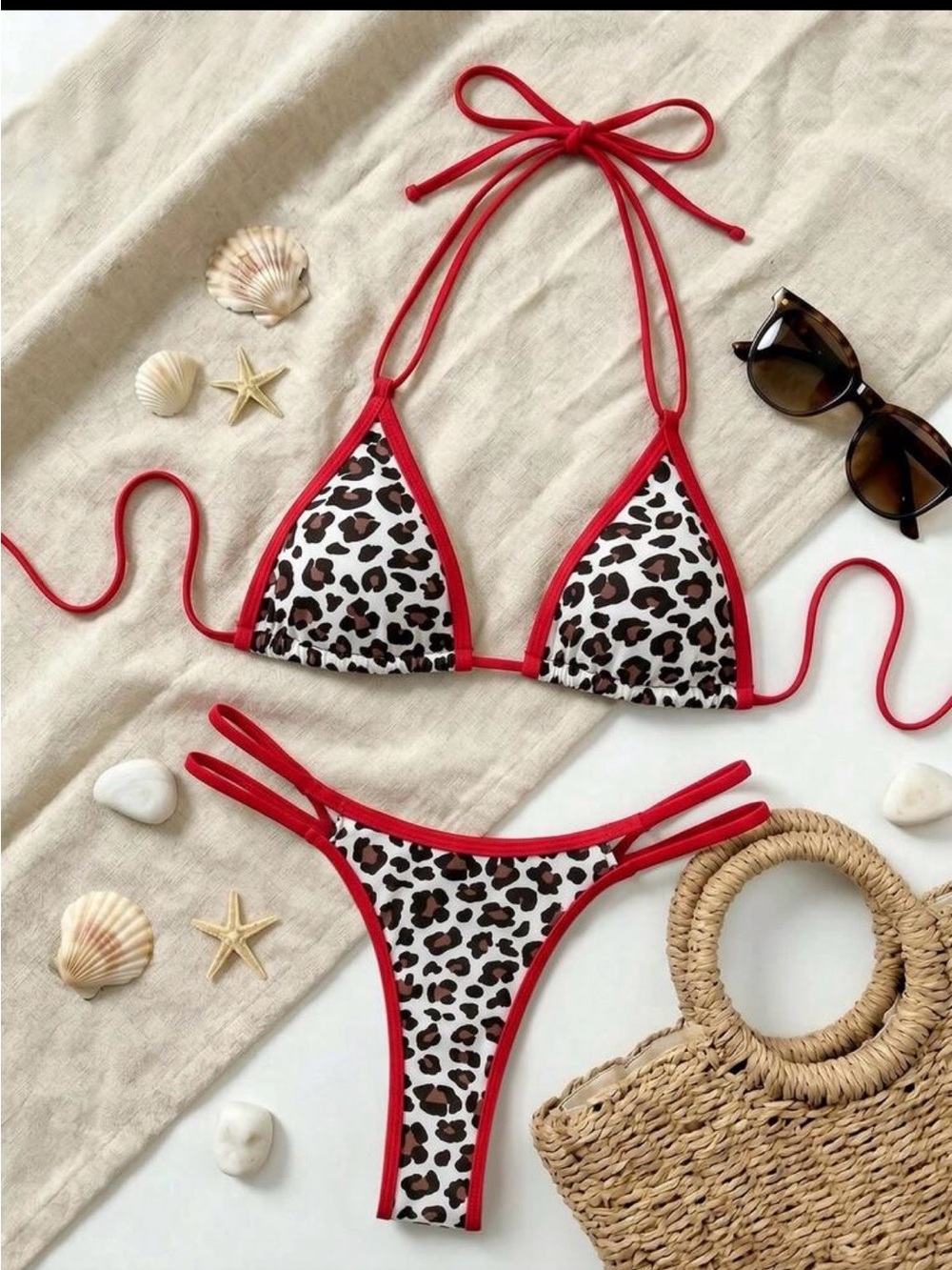 Red Trim Leopard Print Triangle Bikini - Women Swim Bikini